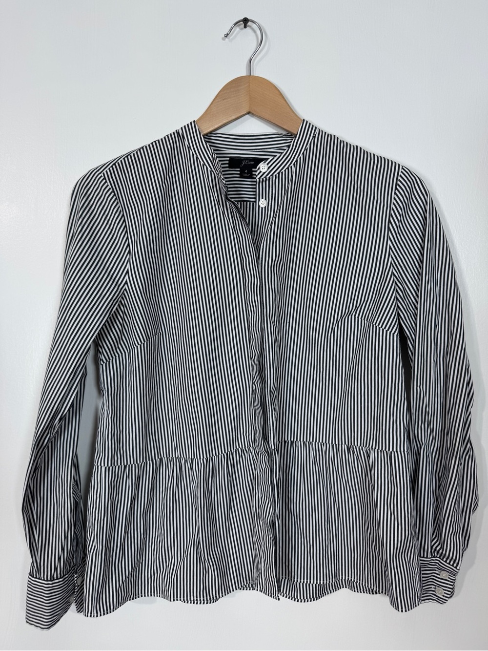WSH122 {J. Crew} Black White Stripe Peplum Long Sleeve Button Down Shirt Blouse